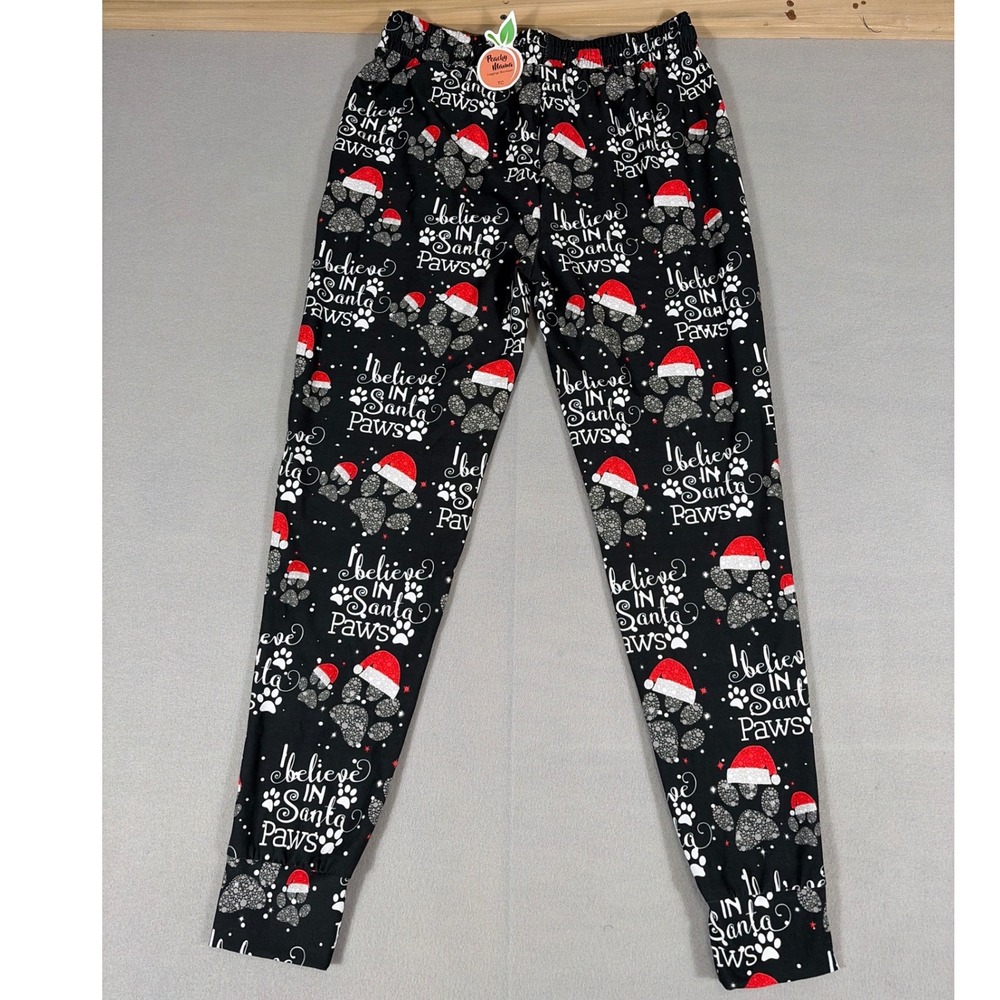 Peachy Mama Christmas Joggers Santa Paws Dog Print Black Lounge Pants TC NWT
